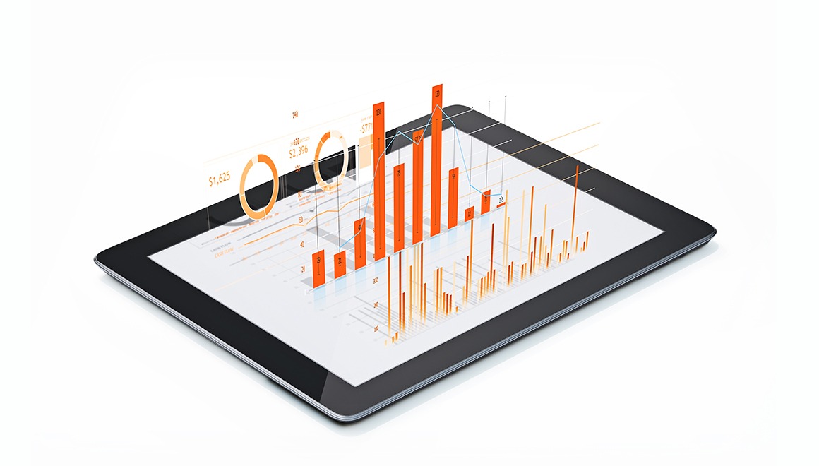 Financial Diagrams and Charts Being Projected From A Digital tablet Orange colored financial diagrams and charts are being projected from a digital tablet. Horizontal composition with copy space. Isolated on white background. Financial and scientific analysis concept.